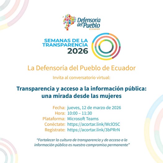 Afiche del conversatorio virtual de la Defensoría del Pueblo, Semanas de la Transparencia 2026